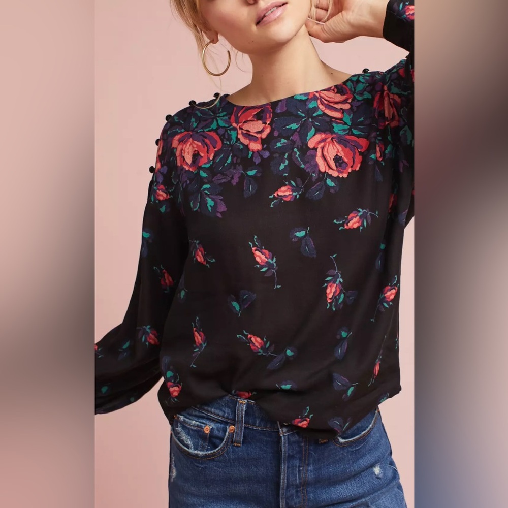 Anthropologie Maeve Black Gardenia Floral Print Blouse In Dark Rose Size M